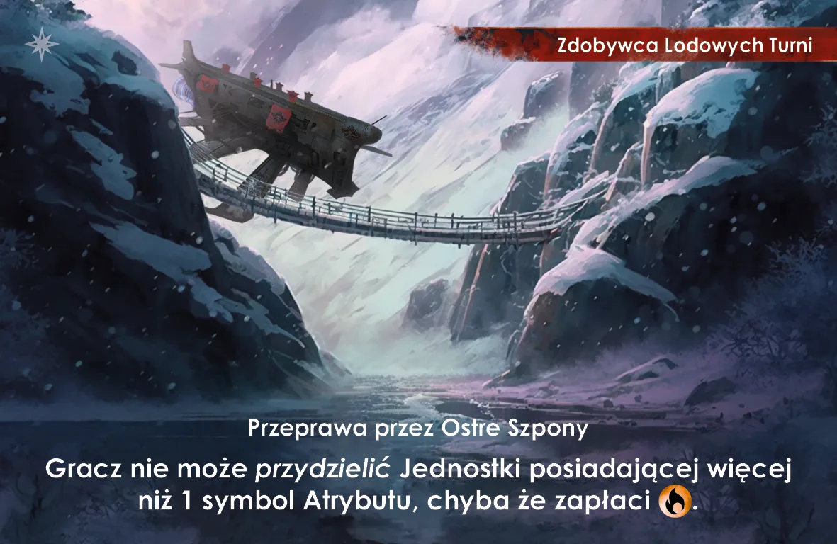 Karta Przeprawa przez Ostre Szpony z dodatku Rubież: wiszący most i statek powietrzny nad zaśnieżonym wąwozem.