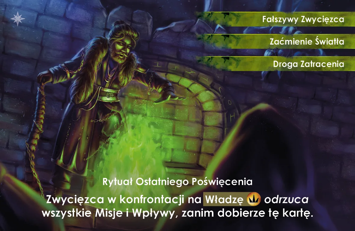 Karta Rytuał Ostatniego Poświęcenia z dodatku Rubież: postać odprawiająca rytuał nad kotłem z zielonym blaskiem.